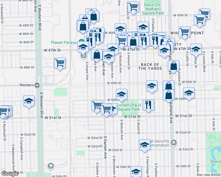 map of restaurants, bars, coffee shops, grocery stores, and more near 4858 South Winchester Avenue in Chicago