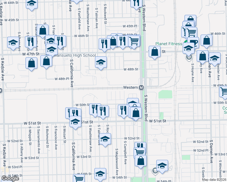map of restaurants, bars, coffee shops, grocery stores, and more near 4825 South Rockwell Street in Chicago