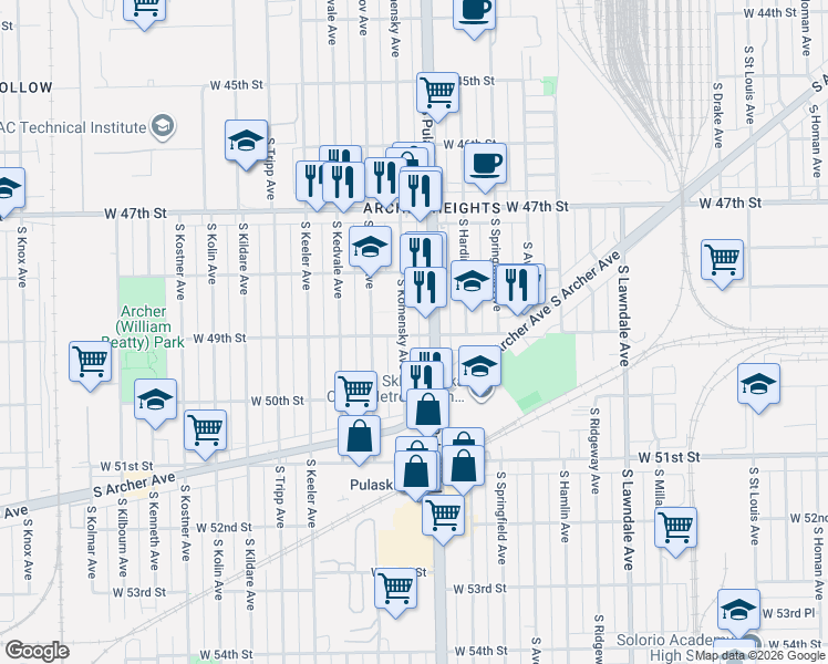 map of restaurants, bars, coffee shops, grocery stores, and more near 4835 South Komensky Avenue in Chicago