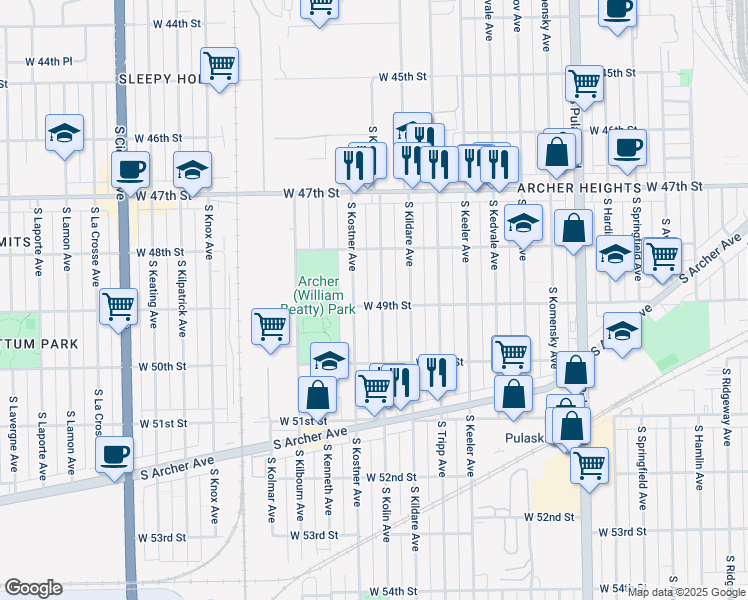 map of restaurants, bars, coffee shops, grocery stores, and more near 4831S South Kolin Avenue in Chicago
