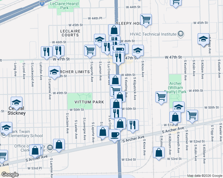 map of restaurants, bars, coffee shops, grocery stores, and more near 4825 South La Crosse Avenue in Chicago
