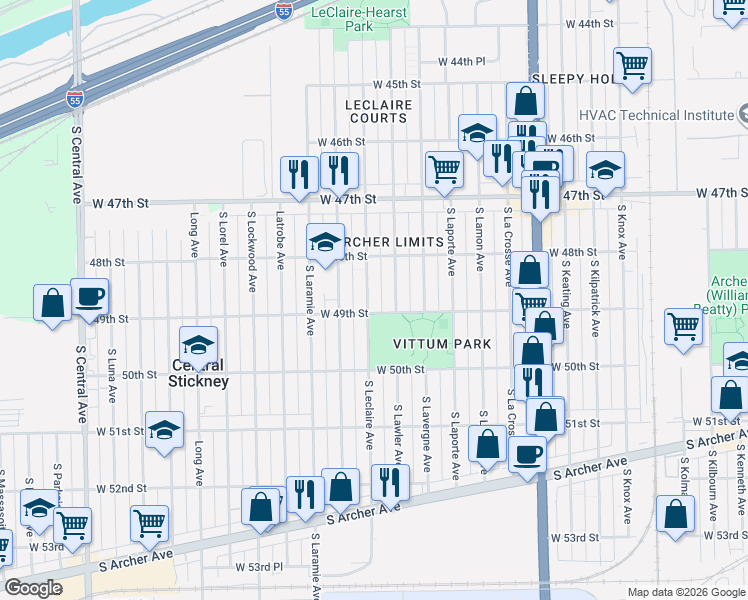 map of restaurants, bars, coffee shops, grocery stores, and more near 4823 South Leclaire Avenue in Chicago