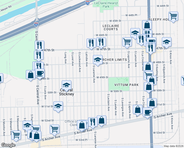 map of restaurants, bars, coffee shops, grocery stores, and more near 4834 South Laramie Avenue in Chicago