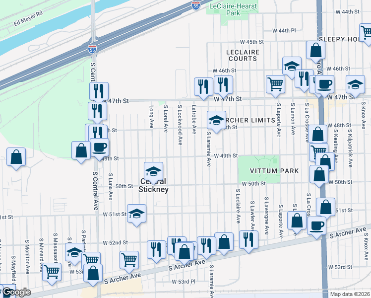 map of restaurants, bars, coffee shops, grocery stores, and more near 4816 Latrobe Avenue in Chicago