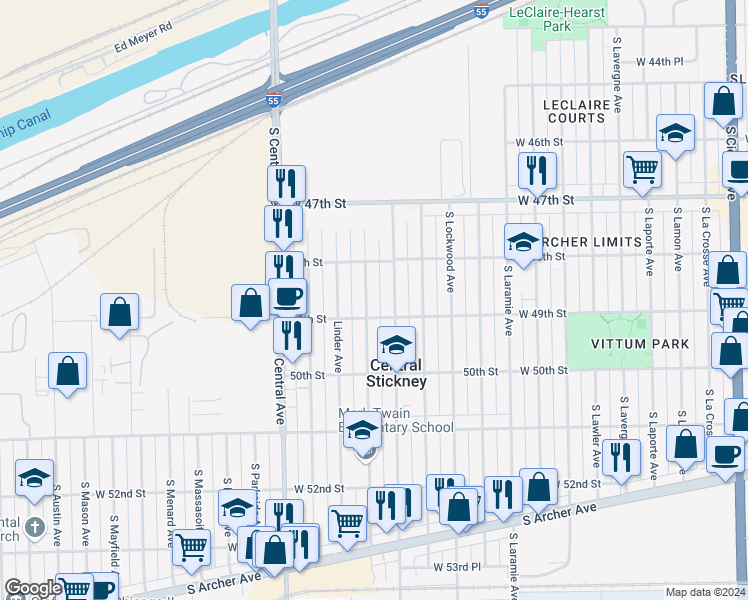 map of restaurants, bars, coffee shops, grocery stores, and more near 4812 South Lotus Avenue in Chicago