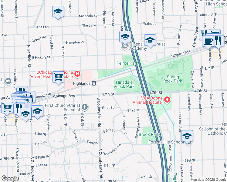 map of restaurants, bars, coffee shops, grocery stores, and more near 617 Chicago Avenue in Hinsdale