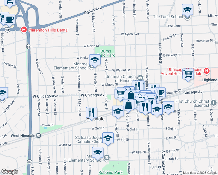 map of restaurants, bars, coffee shops, grocery stores, and more near 309 West Maple Street in Hinsdale