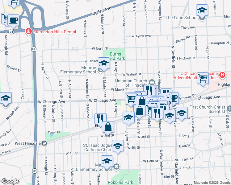 map of restaurants, bars, coffee shops, grocery stores, and more near 411 West Maple Street in Hinsdale