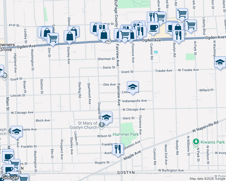 map of restaurants, bars, coffee shops, grocery stores, and more near 414 Otis Avenue in Downers Grove