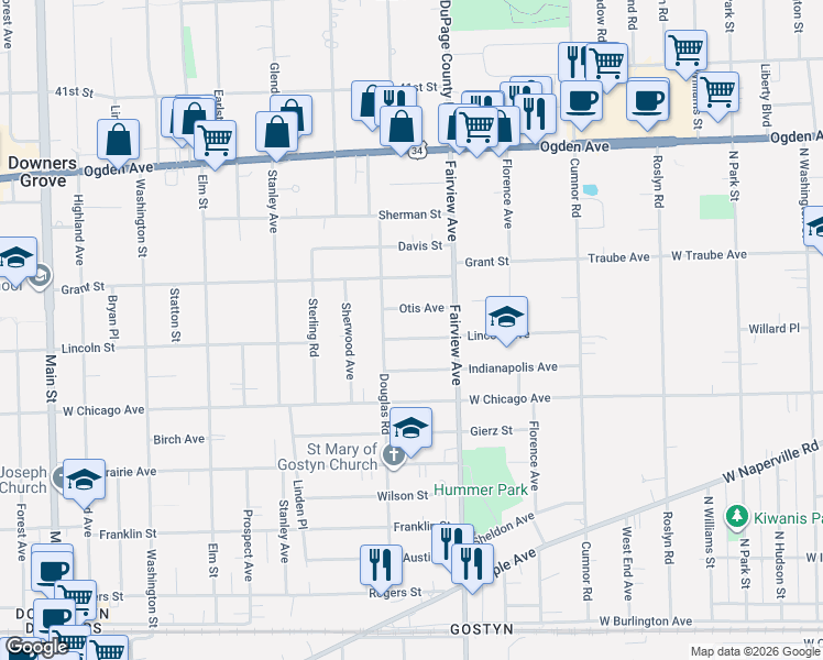 map of restaurants, bars, coffee shops, grocery stores, and more near 438 Otis Avenue in Downers Grove