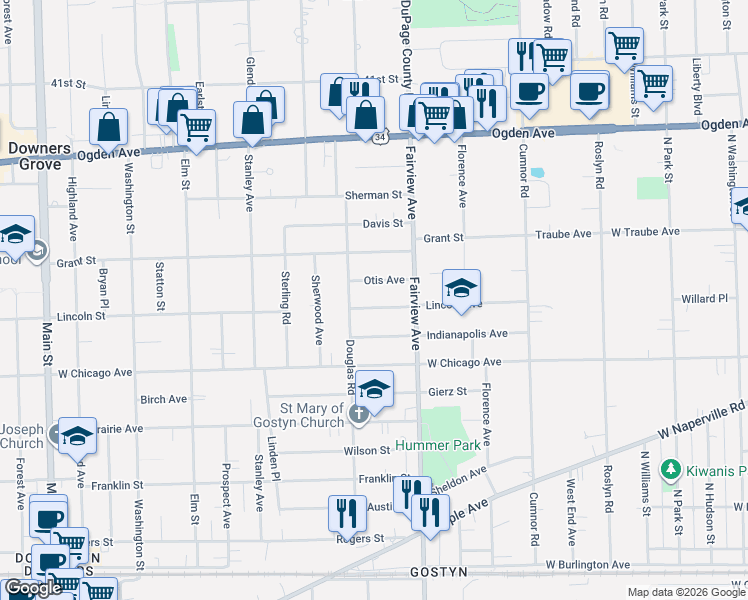 map of restaurants, bars, coffee shops, grocery stores, and more near 438 Otis Avenue in Downers Grove