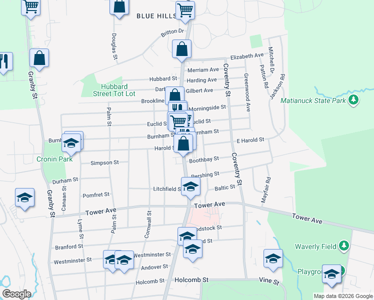 map of restaurants, bars, coffee shops, grocery stores, and more near 636 Blue Hills Avenue in Hartford