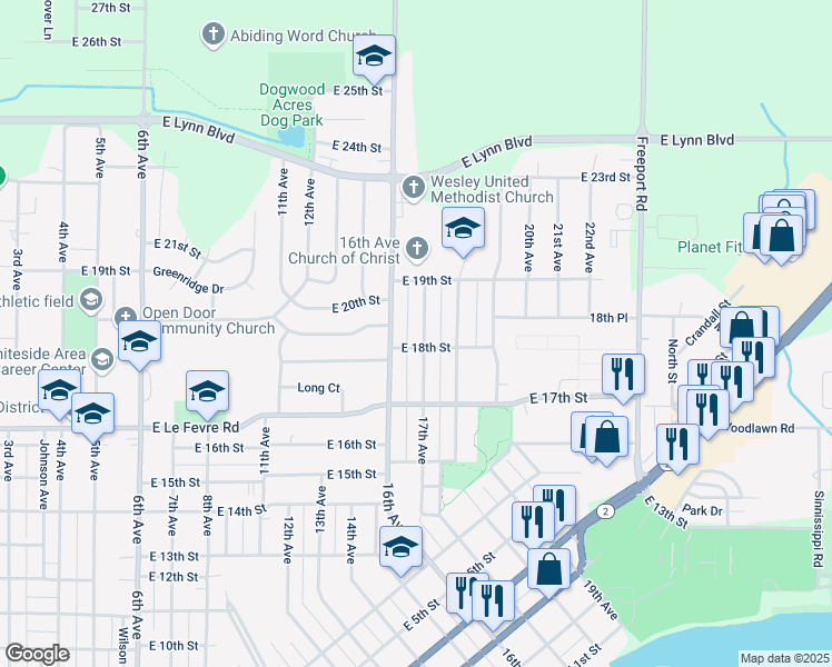 map of restaurants, bars, coffee shops, grocery stores, and more near 1816 16th Avenue in Sterling