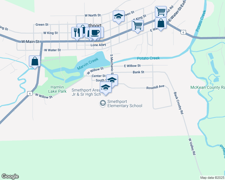 map of restaurants, bars, coffee shops, grocery stores, and more near 414 South Mechanic Street in Smethport