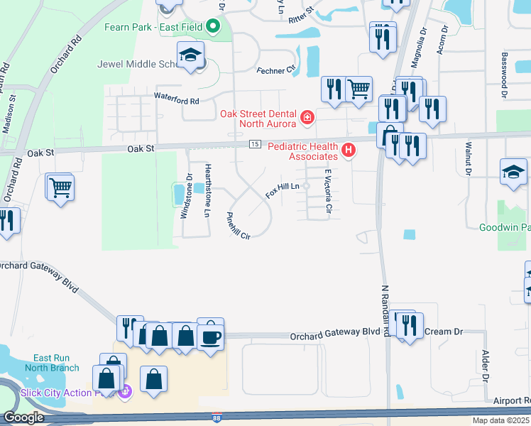 map of restaurants, bars, coffee shops, grocery stores, and more near 1209 Fox Hill Lane in North Aurora