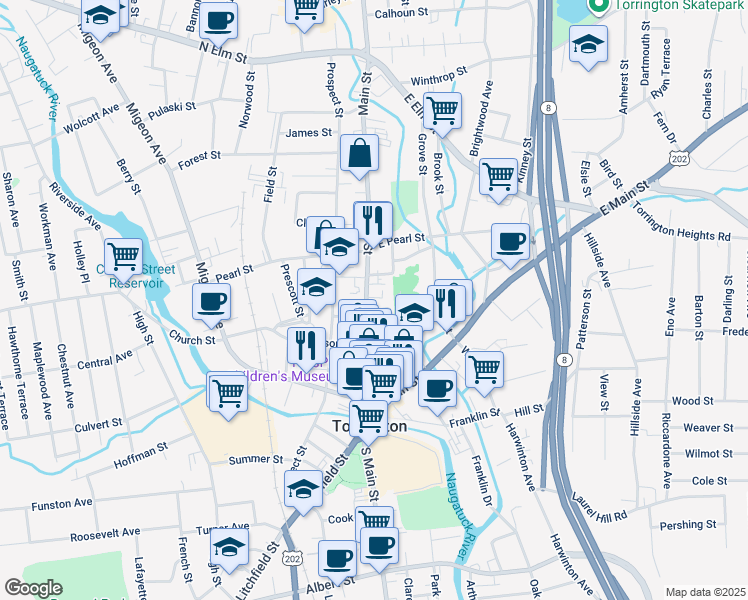 map of restaurants, bars, coffee shops, grocery stores, and more near 192 Main Street in Torrington
