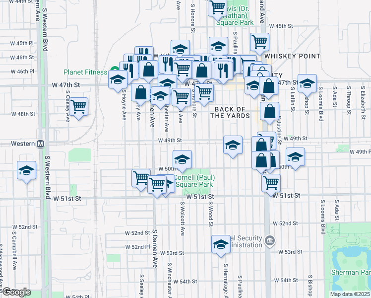 map of restaurants, bars, coffee shops, grocery stores, and more near 4859 South Wolcott Avenue in Chicago