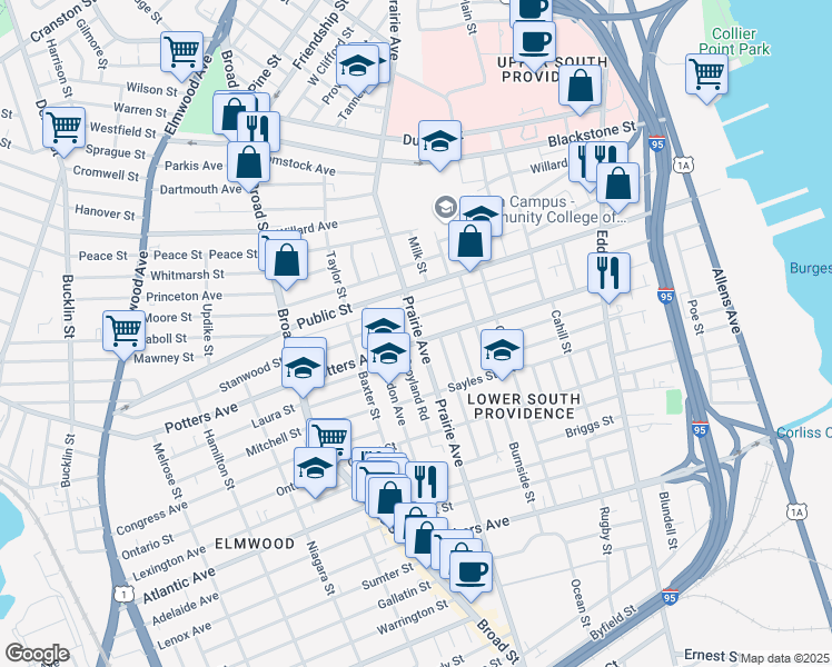 map of restaurants, bars, coffee shops, grocery stores, and more near 369 Prairie Avenue in Providence