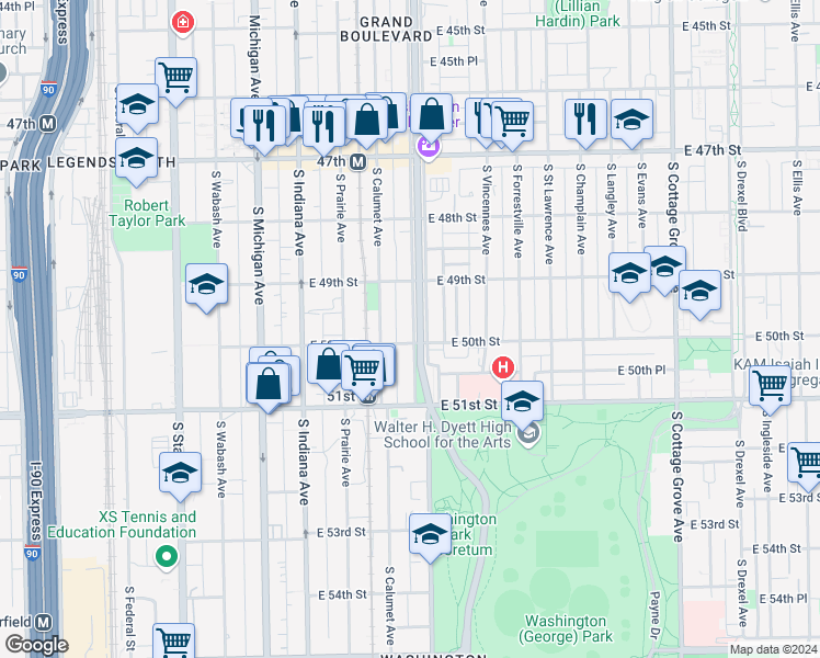 map of restaurants, bars, coffee shops, grocery stores, and more near 4950 South Doctor Martin Luther King Junior Drive in Chicago