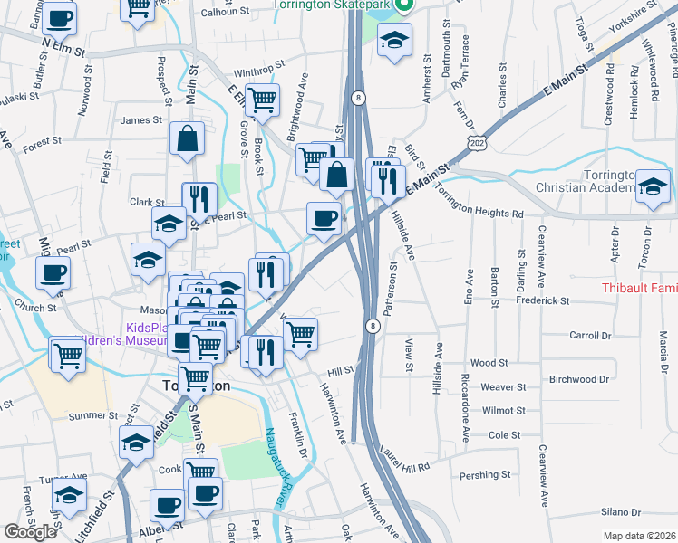 map of restaurants, bars, coffee shops, grocery stores, and more near 332 East Main Street in Torrington
