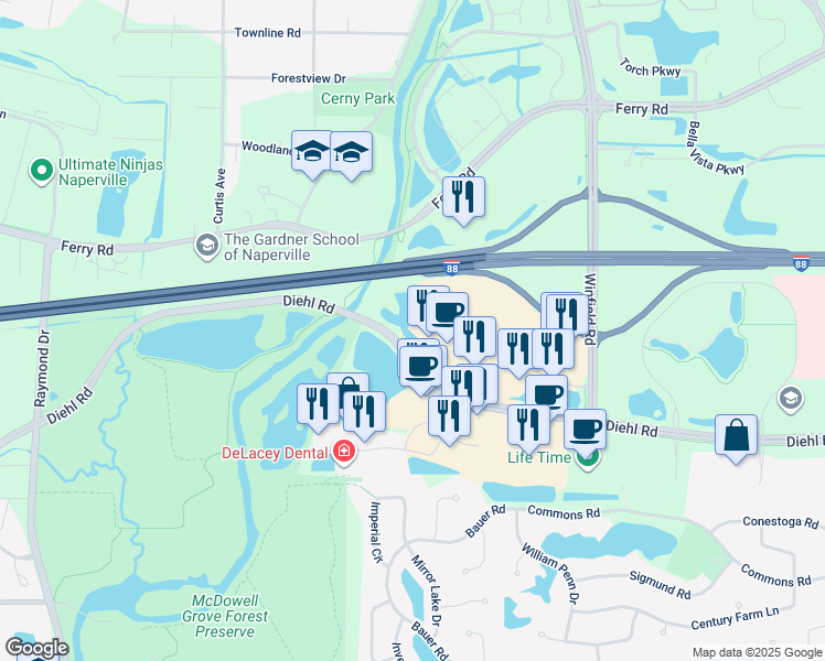 map of restaurants, bars, coffee shops, grocery stores, and more near 28262 Diehl Road in Warrenville