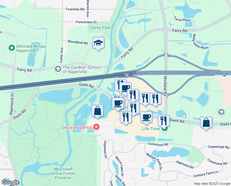 map of restaurants, bars, coffee shops, grocery stores, and more near 28262 Diehl Road in Warrenville