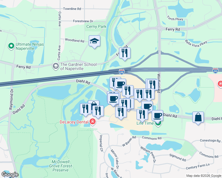 map of restaurants, bars, coffee shops, grocery stores, and more near 28262 Diehl Road in Warrenville