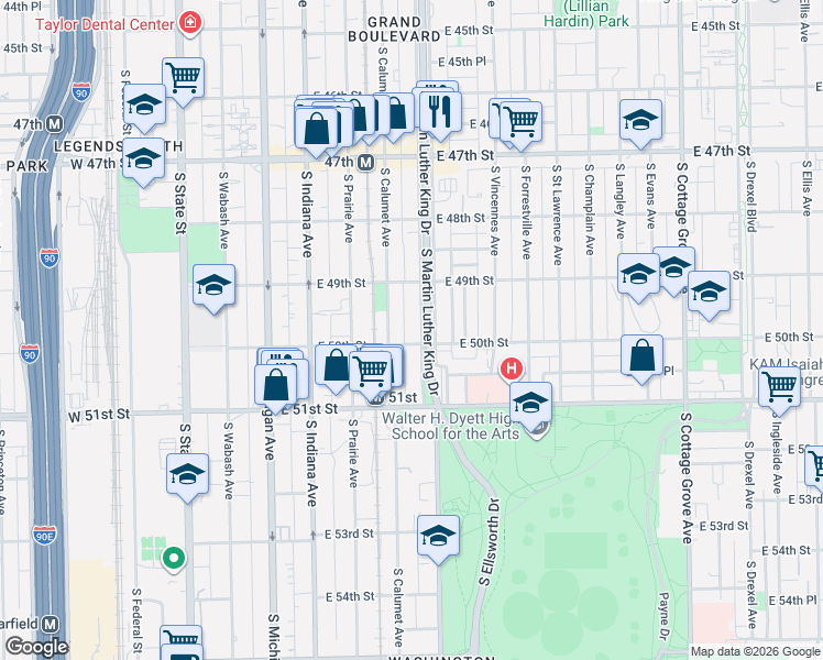 map of restaurants, bars, coffee shops, grocery stores, and more near 4950 South King Drive in Chicago