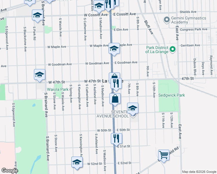 map of restaurants, bars, coffee shops, grocery stores, and more near 516 LaGrange Road in La Grange