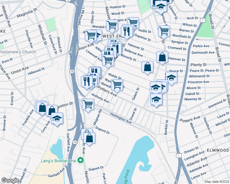 map of restaurants, bars, coffee shops, grocery stores, and more near 102 Wadsworth Street in Providence