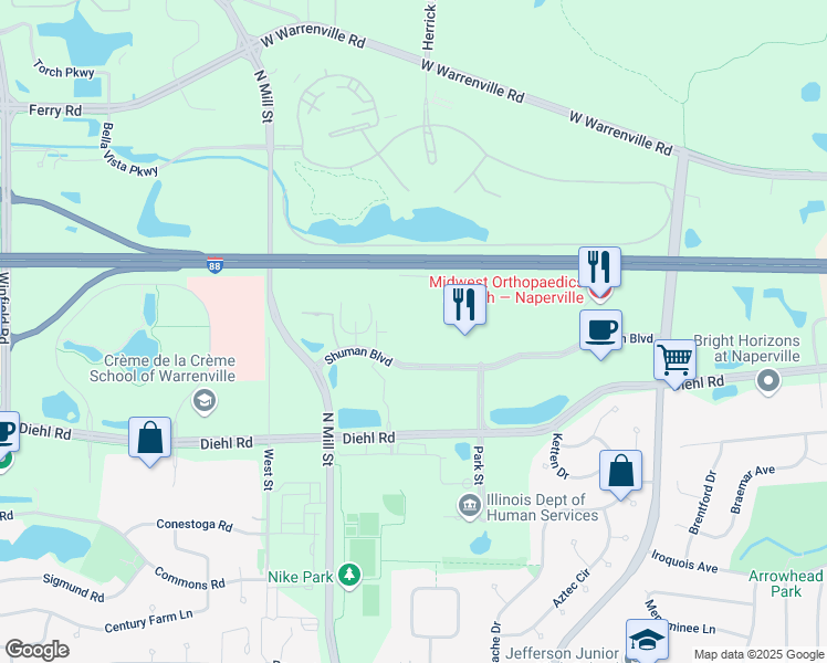 map of restaurants, bars, coffee shops, grocery stores, and more near 263 Shuman Boulevard in Naperville