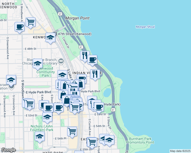 map of restaurants, bars, coffee shops, grocery stores, and more near 4946 South Chicago Beach Drive in Chicago