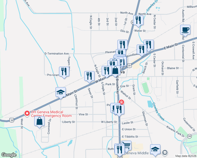 map of restaurants, bars, coffee shops, grocery stores, and more near 51 North Eagle Street in Geneva