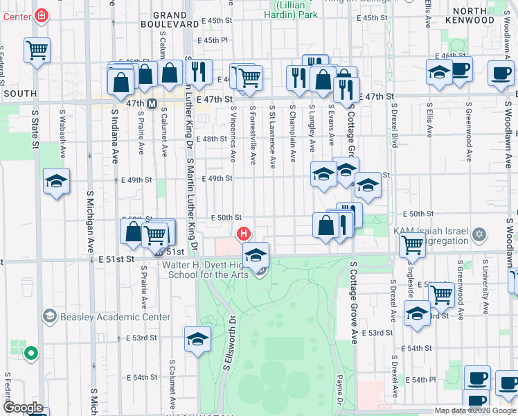 map of restaurants, bars, coffee shops, grocery stores, and more near 4925 South Forrestville Avenue in Chicago