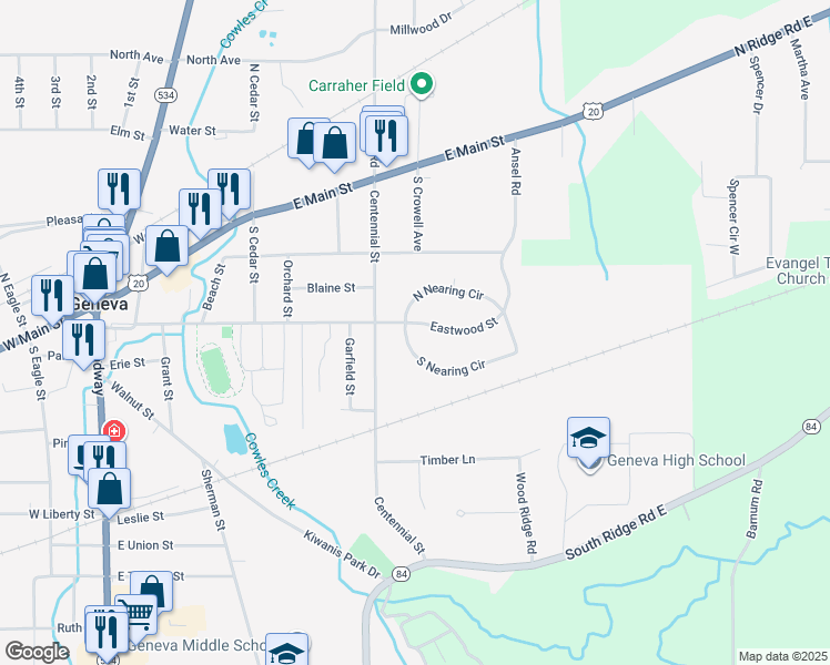map of restaurants, bars, coffee shops, grocery stores, and more near 660 North Nearing Circle in Geneva