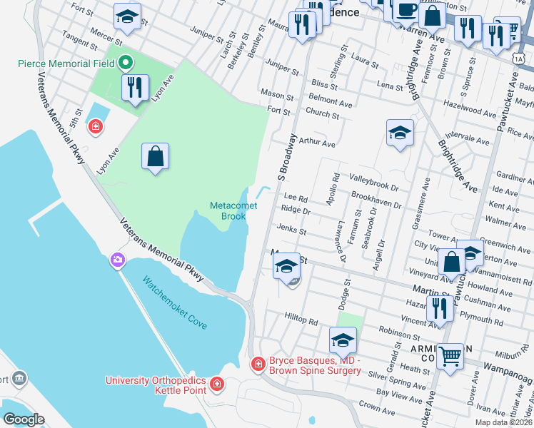 map of restaurants, bars, coffee shops, grocery stores, and more near 1307 South Broadway in East Providence