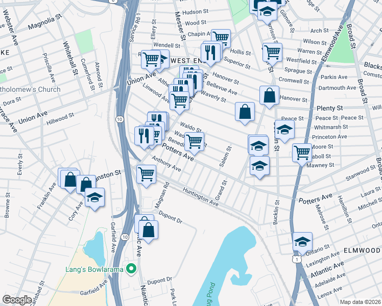 map of restaurants, bars, coffee shops, grocery stores, and more near 102 Wadsworth Street in Providence