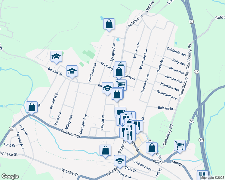 map of restaurants, bars, coffee shops, grocery stores, and more near 296 North Main Street in Liberty