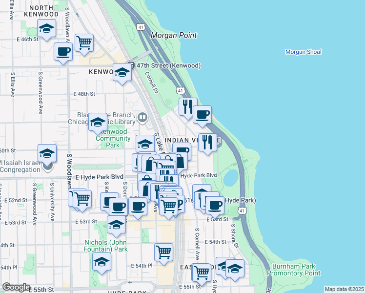 map of restaurants, bars, coffee shops, grocery stores, and more near 4930 South Cornell Avenue in Chicago