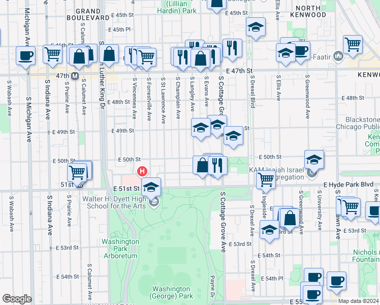 map of restaurants, bars, coffee shops, grocery stores, and more near 4928 South Langley Avenue in Chicago