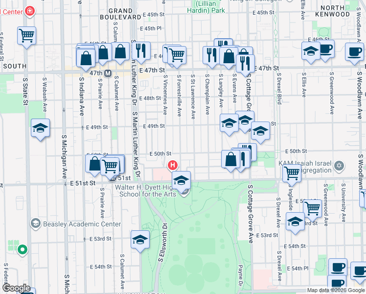 map of restaurants, bars, coffee shops, grocery stores, and more near 4925 South Forrestville Avenue in Chicago