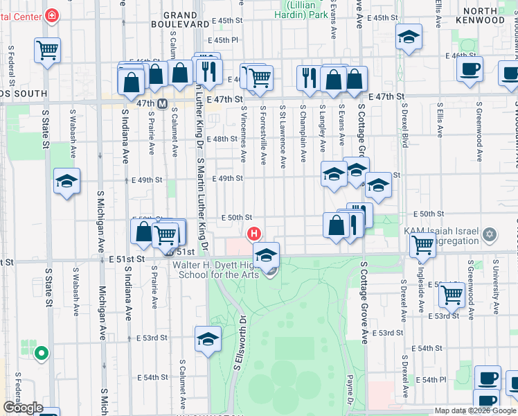 map of restaurants, bars, coffee shops, grocery stores, and more near 4925 South Vincennes Avenue in Chicago