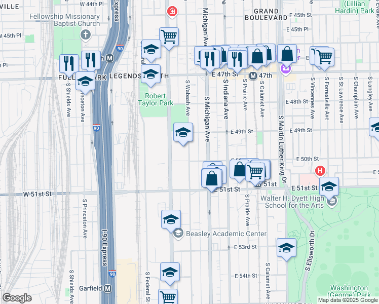 map of restaurants, bars, coffee shops, grocery stores, and more near 4913 South Wabash Avenue in Chicago