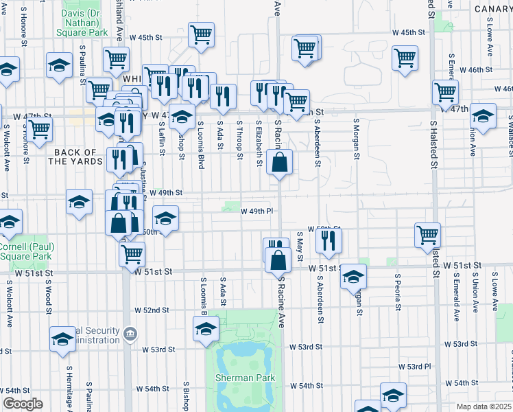 map of restaurants, bars, coffee shops, grocery stores, and more near 4859 South Throop Street in Chicago