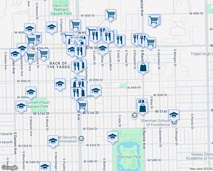 map of restaurants, bars, coffee shops, grocery stores, and more near 4856 South Loomis Street in Chicago