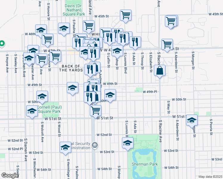 map of restaurants, bars, coffee shops, grocery stores, and more near 4858 South Bishop Street in Chicago