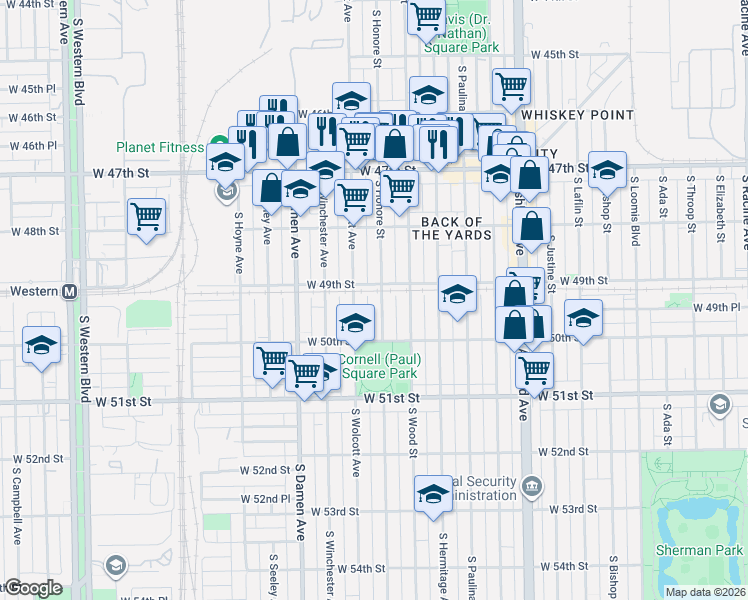 map of restaurants, bars, coffee shops, grocery stores, and more near 4859 South Wolcott Avenue in Chicago