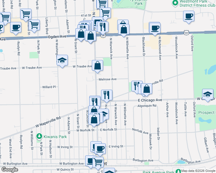 map of restaurants, bars, coffee shops, grocery stores, and more near 364 North Warwick Avenue in Westmont