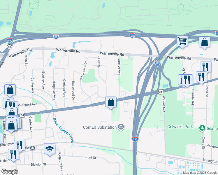 map of restaurants, bars, coffee shops, grocery stores, and more near 4511 Hatch Lane in Lisle