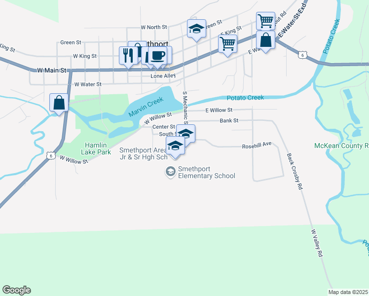 map of restaurants, bars, coffee shops, grocery stores, and more near 414 South Mechanic Street in Smethport